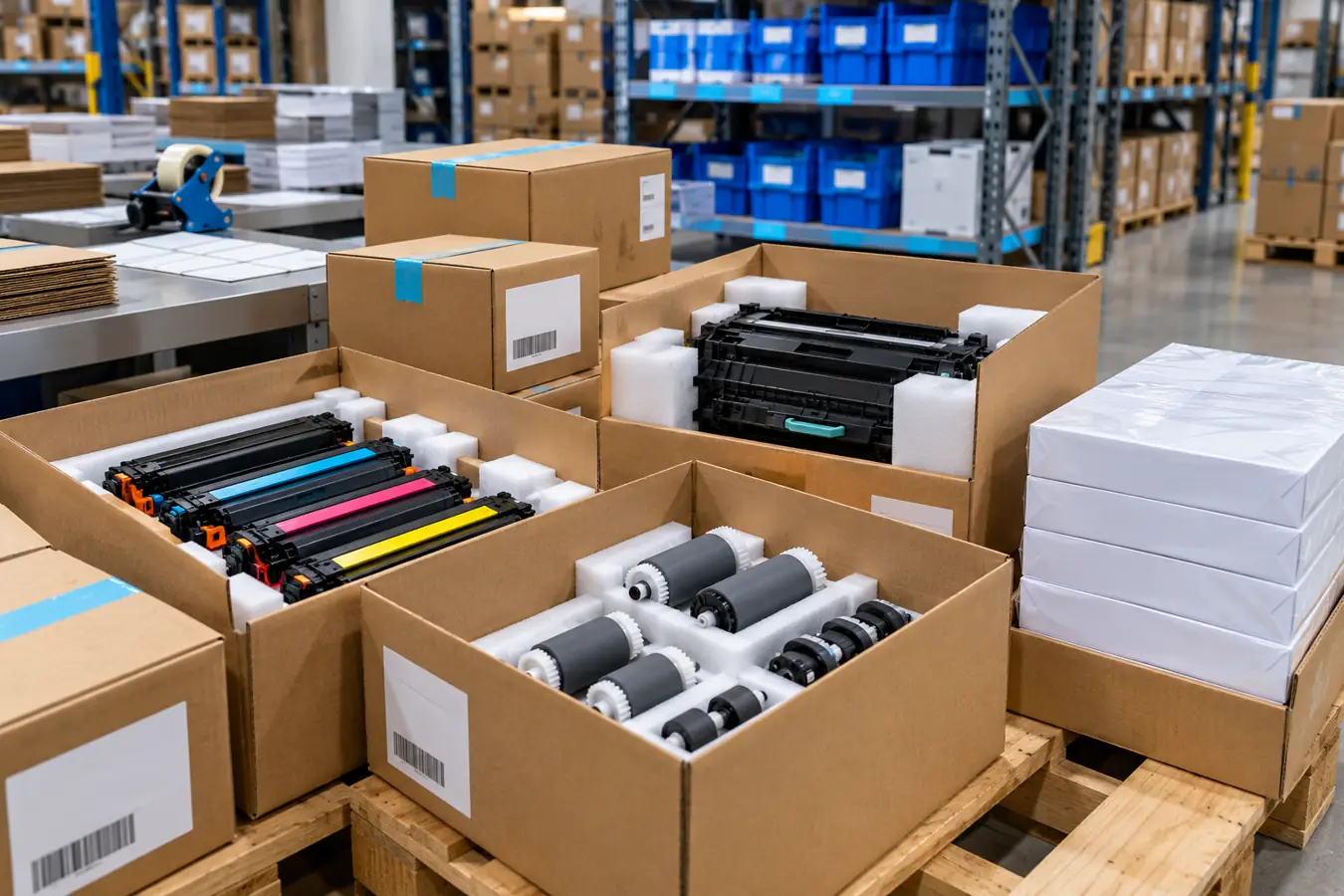 Natural printer packaging and fulfillment desk