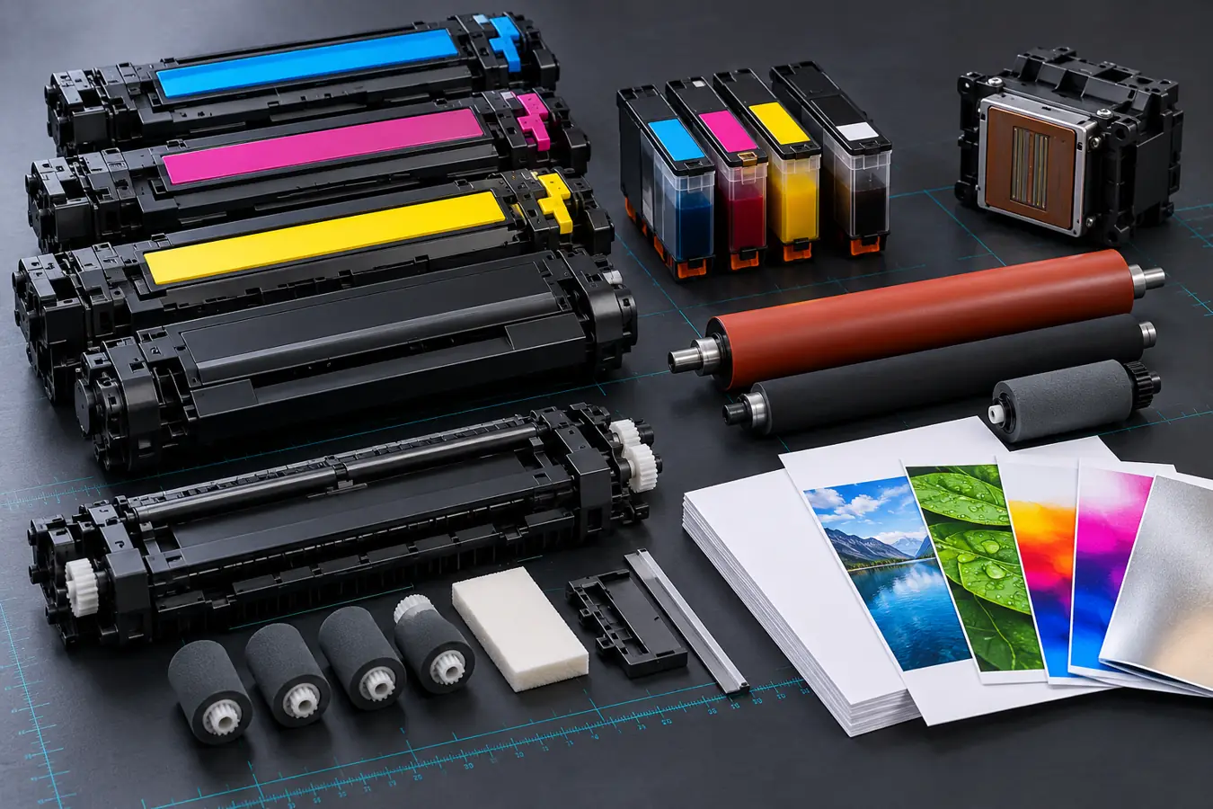 Strip printers, clusters and printer trays on a beauty sampling table