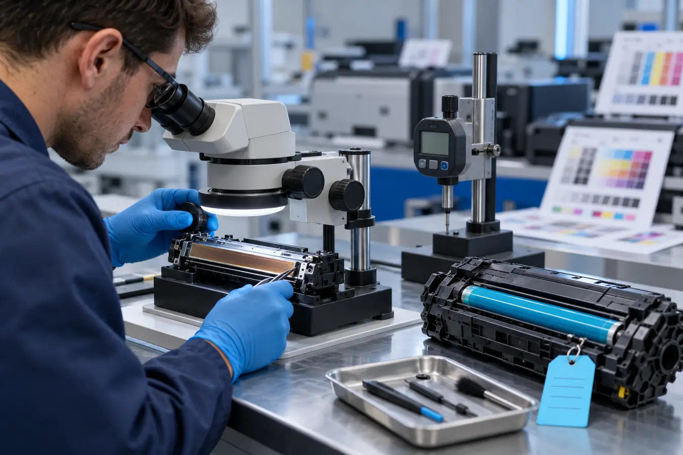 Technician inspecting printer parts and consumables at a quality desk